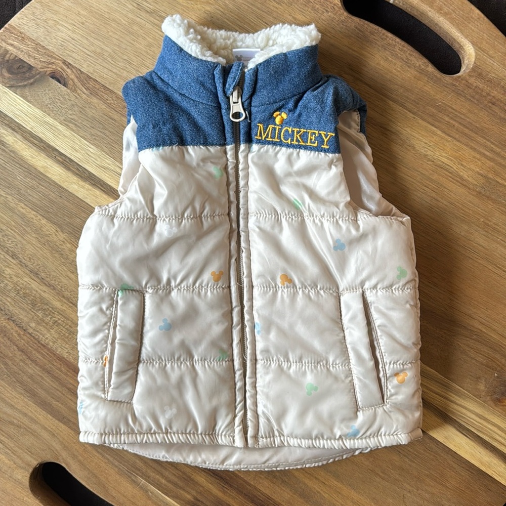 Disney Baby Mickey Mouse Denim and Fur Puffer Vest
